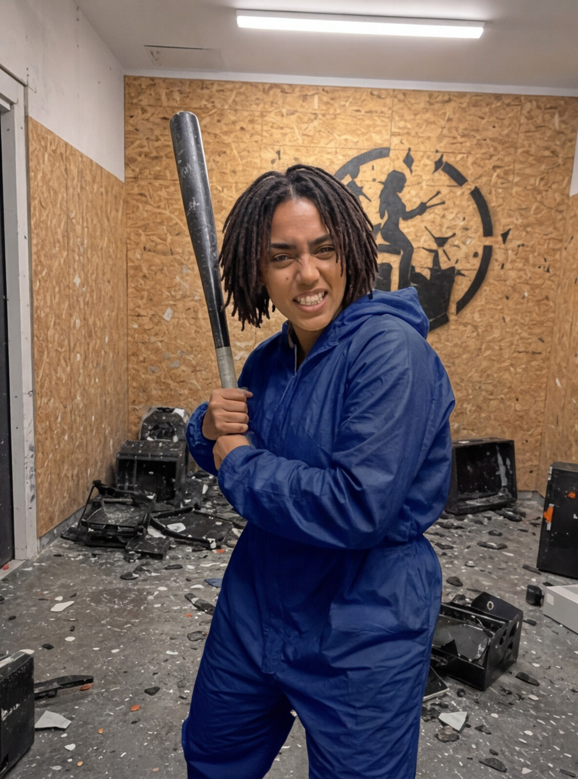 Mujer con mono azul y bate de béisbol en la Rage Room de Break&Joy Granada