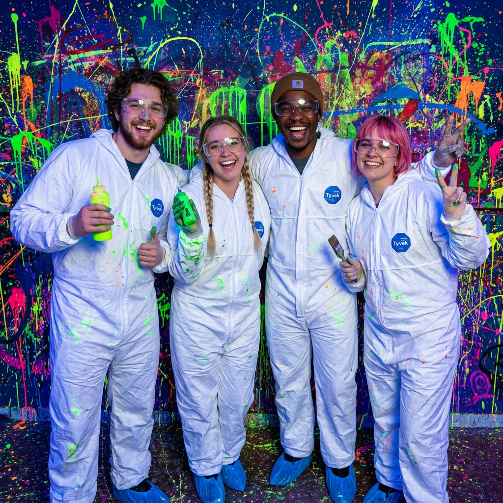 Grupo de cuatro personas con monos blancos lanzando pintura neón en la Splatter Room de Break&Joy