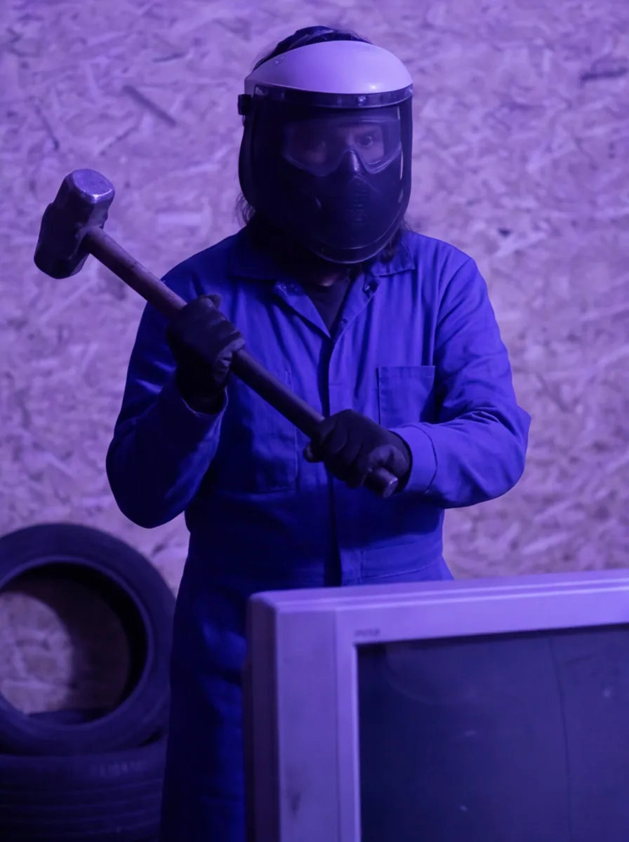 Customer in protective helmet holding a large hammer in front of an old television in the Rage Room
