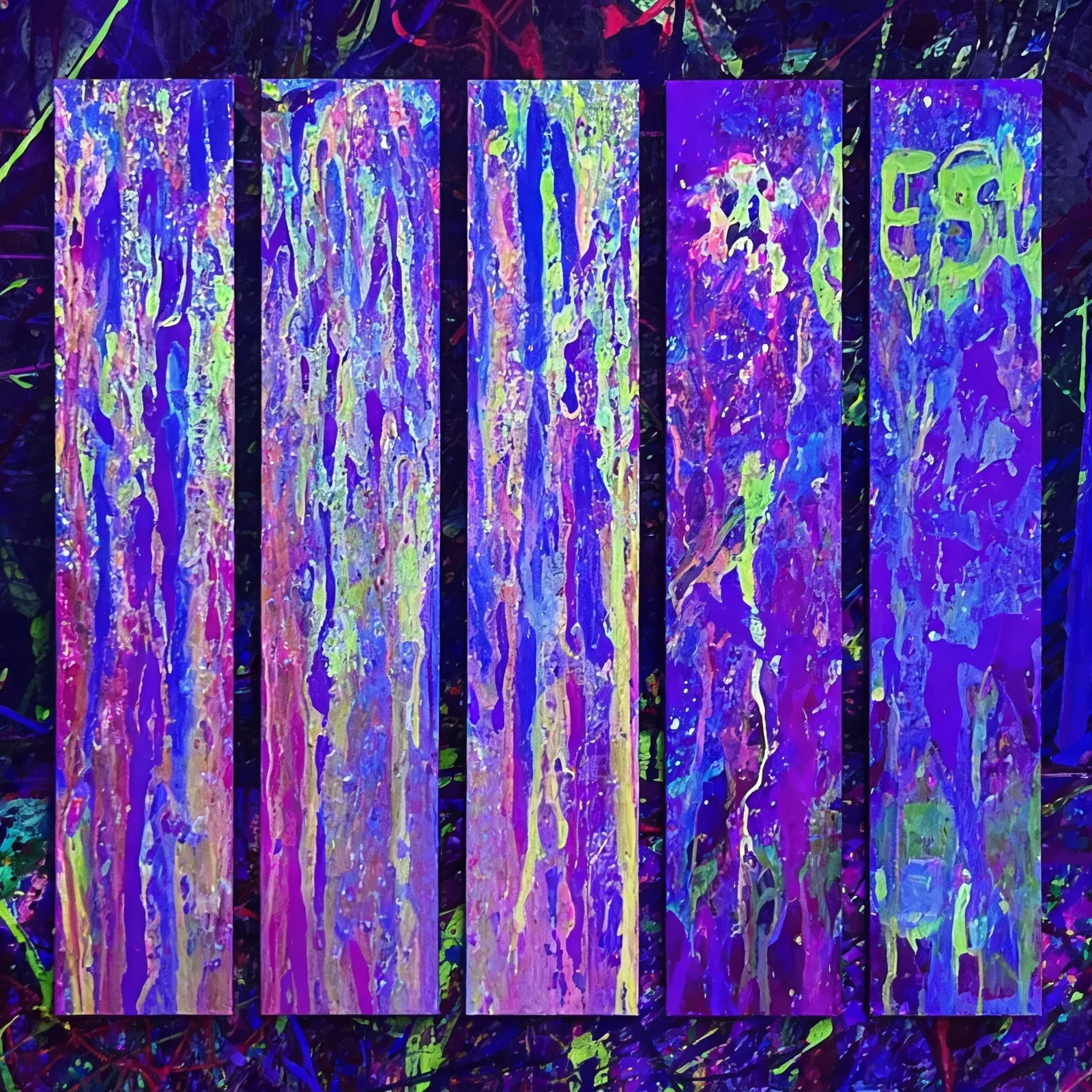 Finished canvases with multicolour neon paint drips under blacklight