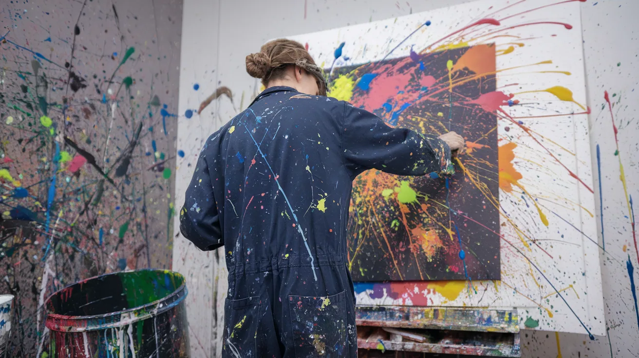Pintor creando un canvas de splatter art en Break&Joy