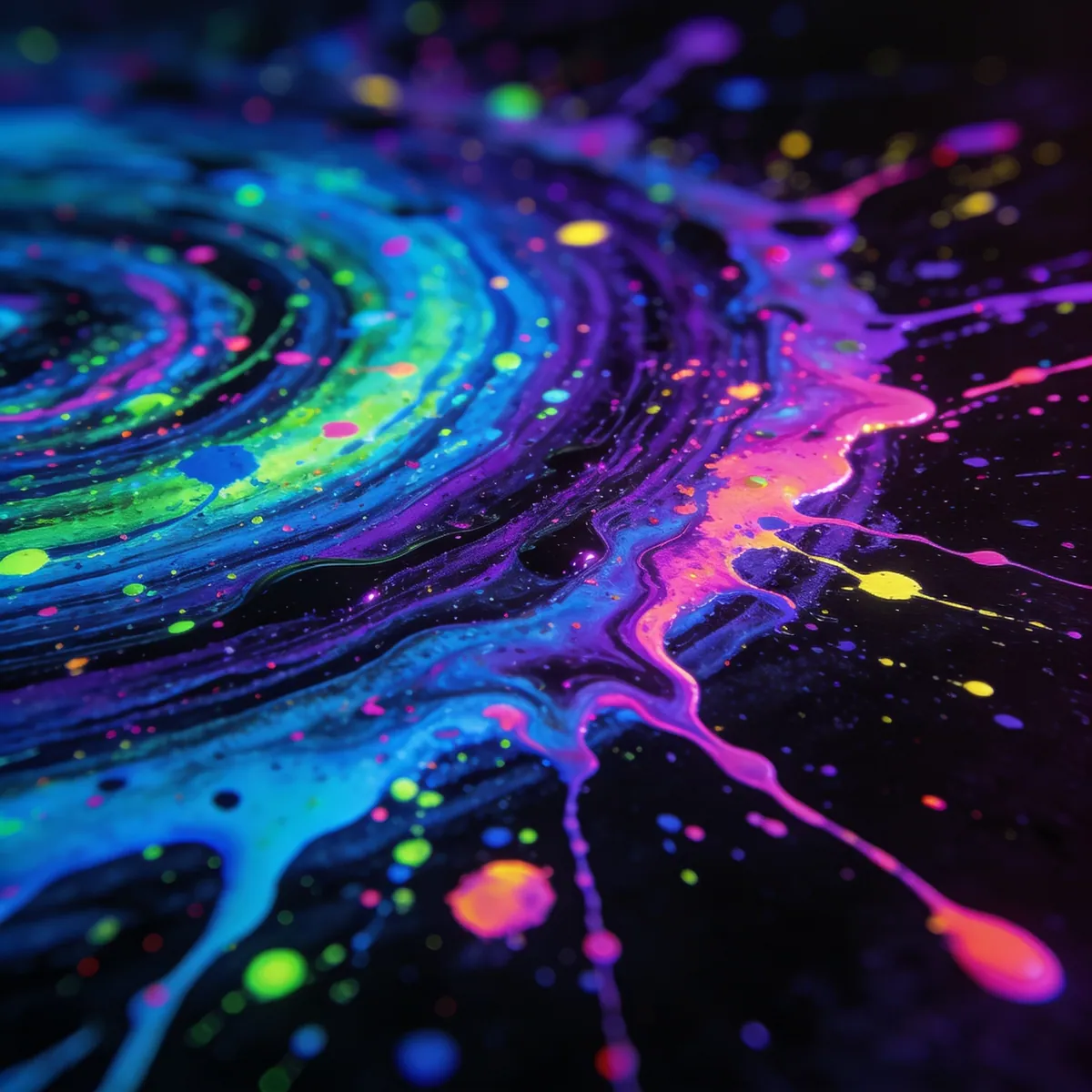 Disco de Spin Art con espirales en degradado neón y goteo de pintura por el borde