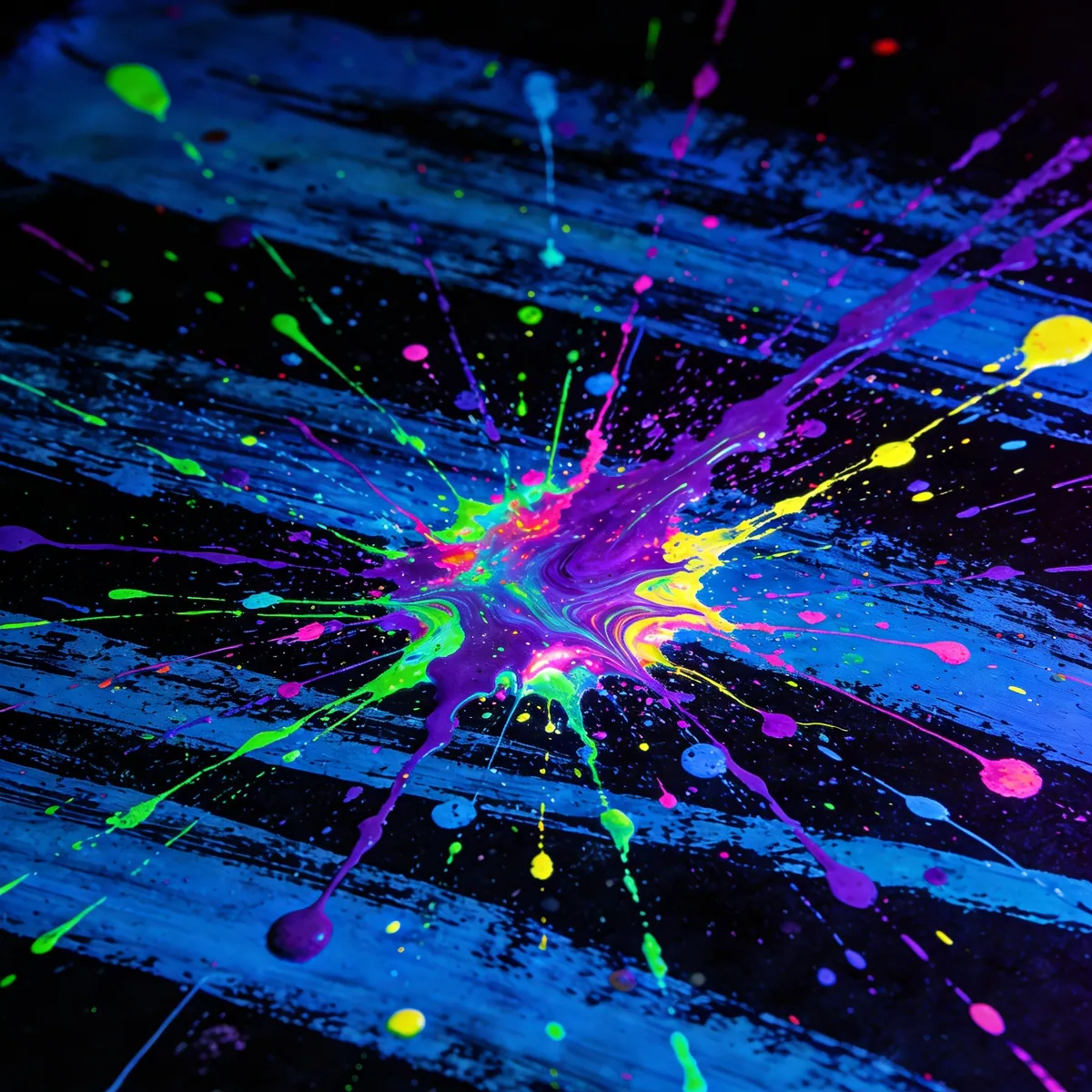 Estallido central de pintura fluorescente en verde, morado y rosa sobre tarima azul oscuro