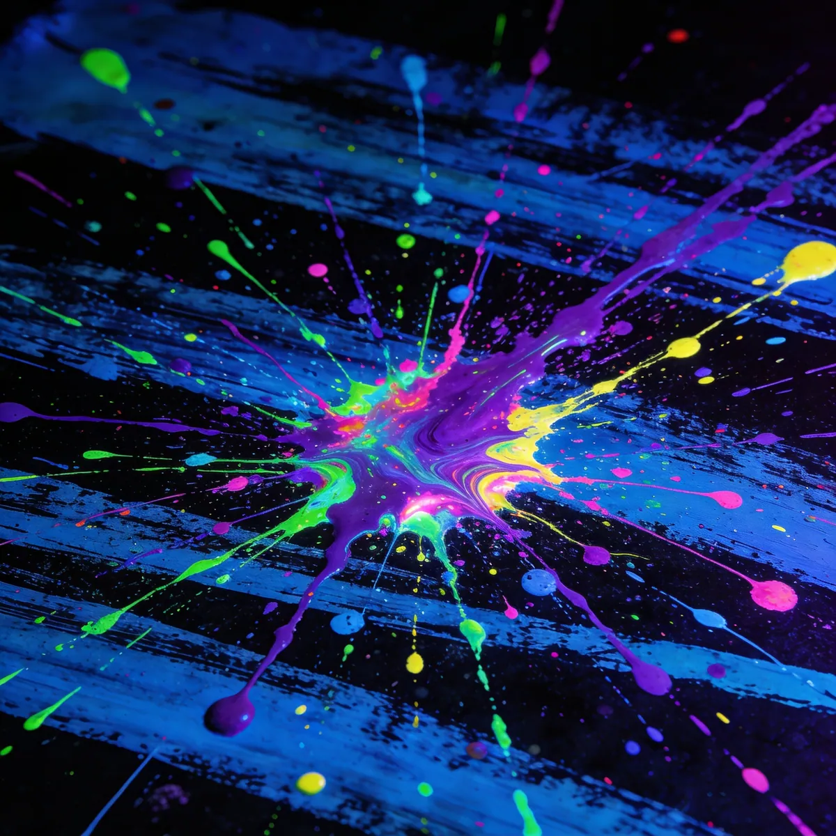 Explosión radial de pintura neón con salpicaduras multicolor bajo luz negra