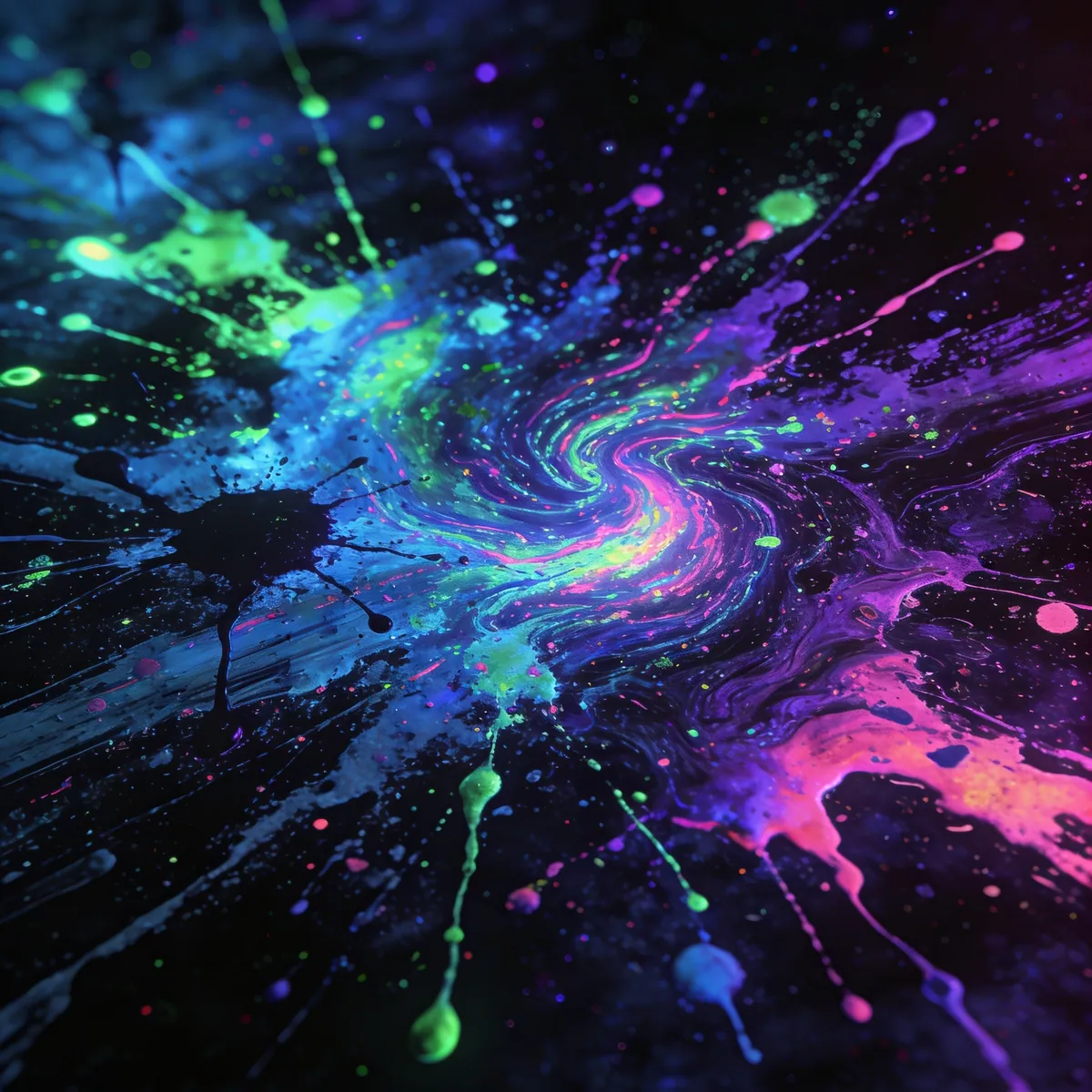 Espiral tipo galaxia con remolino central de pintura neón verde, morada y rosa bajo luz UV