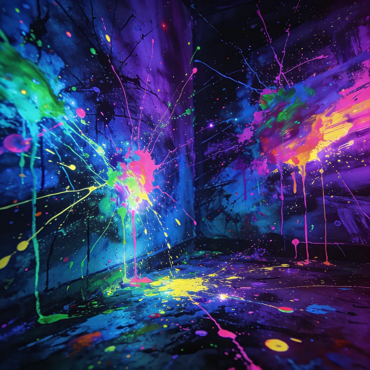 Salpicaduras de pintura UV multicolor sobre la pared del taller bajo luz negra