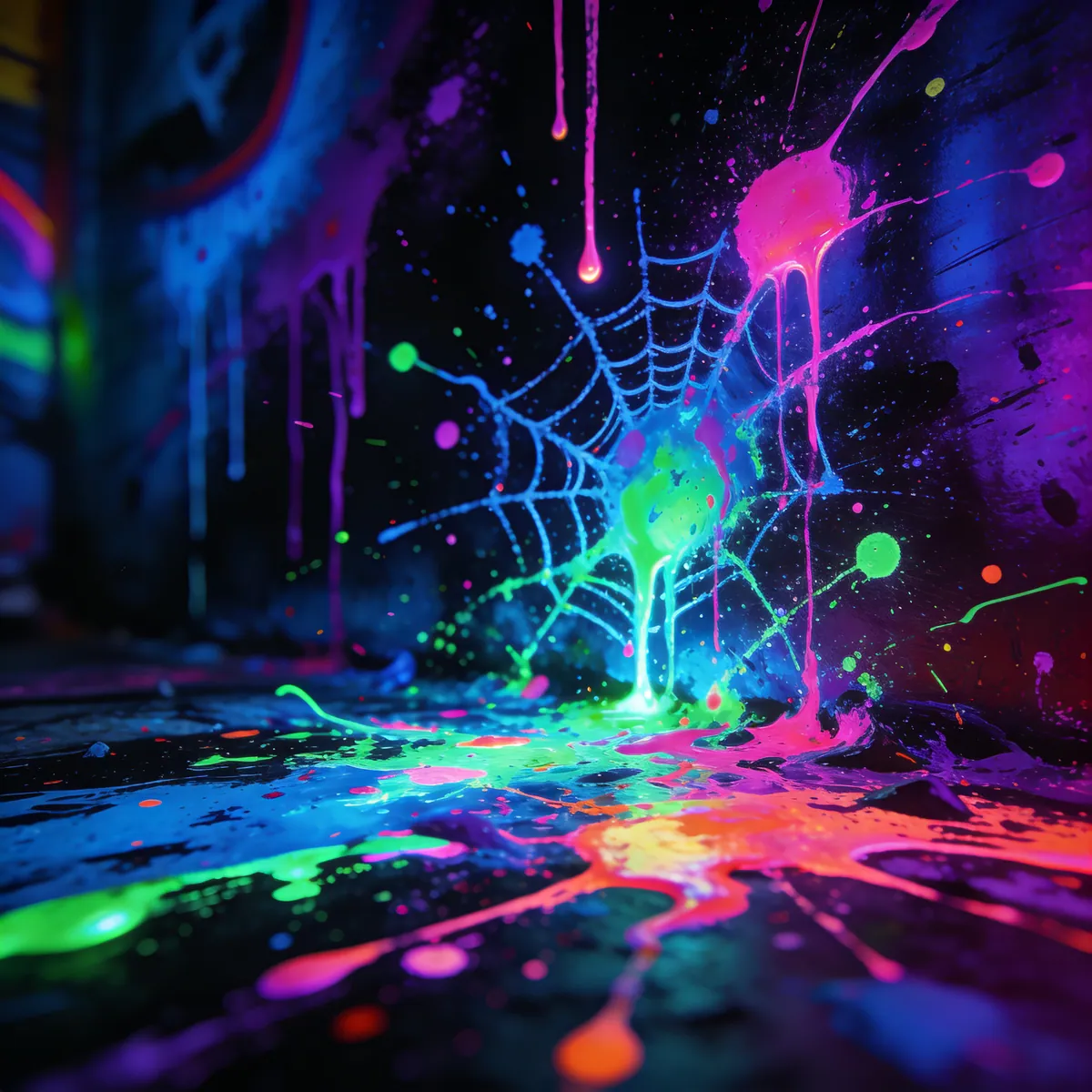 Telaraña de pintura neón rosa y verde con goteo bajo luz UV