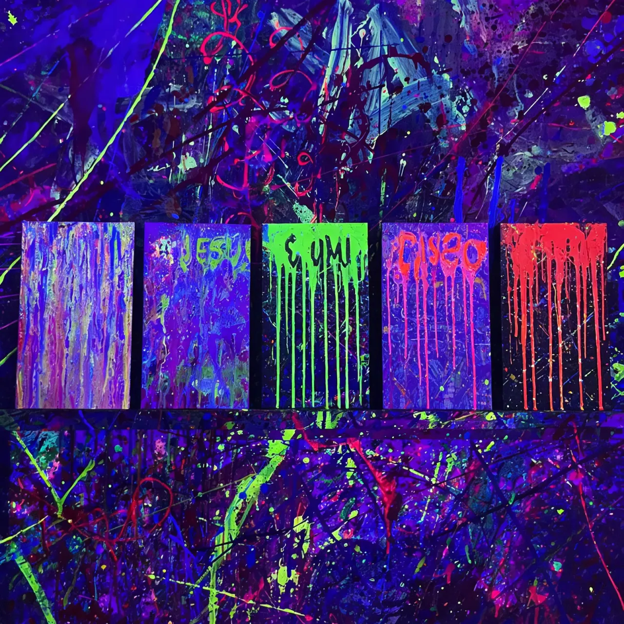 Lienzos pintados con palabras tipo grafiti en pintura neón UV