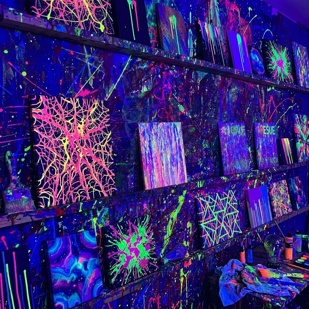 Pared del taller con lienzos terminados de splatter expuestos bajo luz UV