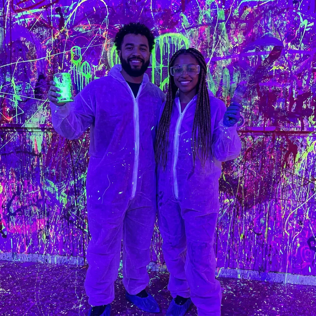 Pareja con monos blancos sonriendo bajo luz UV en la Splatter Room de Break&Joy
