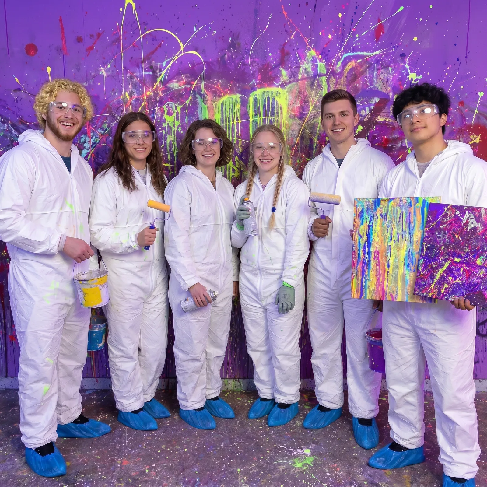 Grupo de amigos con monos blancos posando con su lienzo terminado en la Splatter Room de Break&Joy Granada